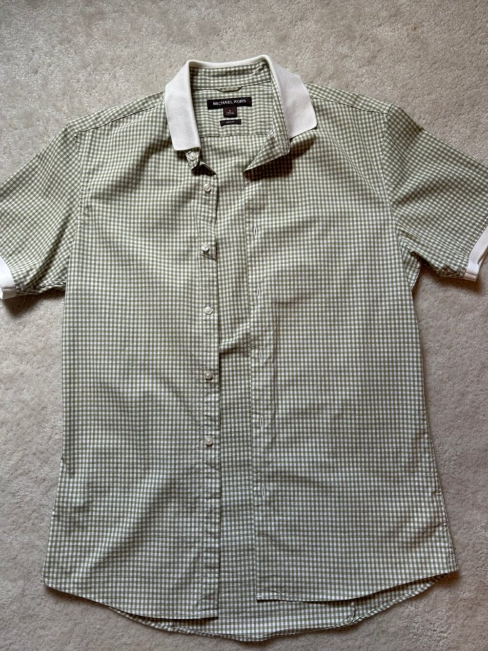MICHAEL KORS Sage Green Plaid short sleeve Button Up Shirt Small Slim